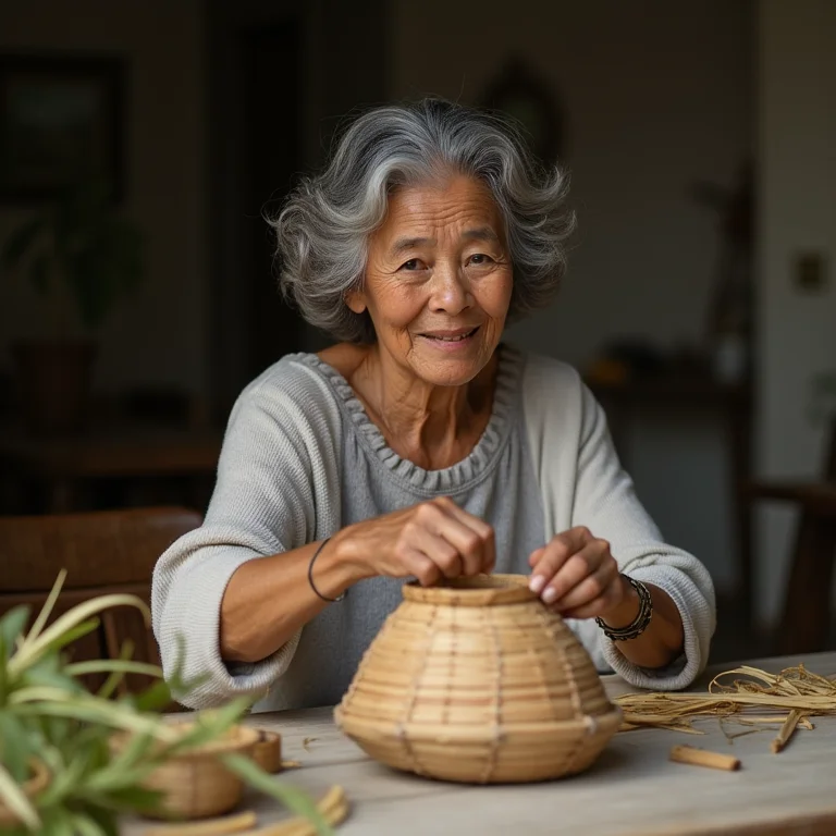 Artesã criando cesto de bambu
