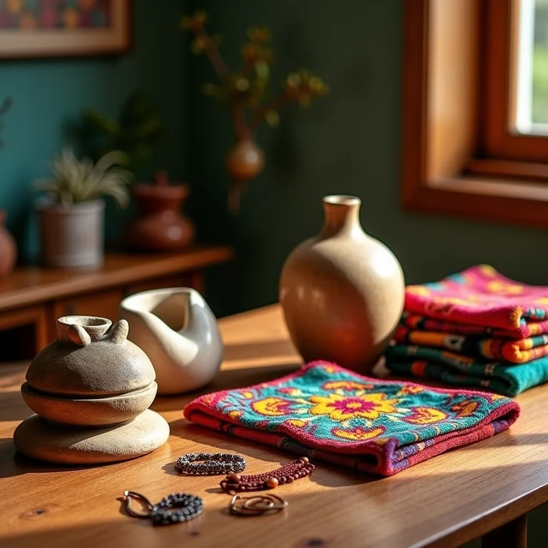 Artesanato local de Ouro Preto: esculturas em pedra sabão, tecidos coloridos e joias