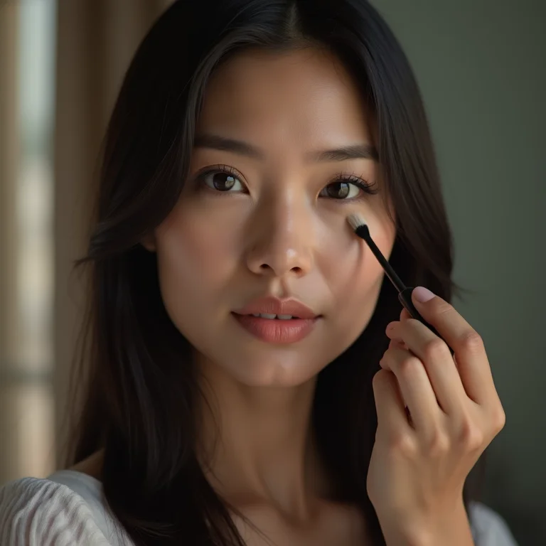 Asiática brasileira aplicando sombra líquida