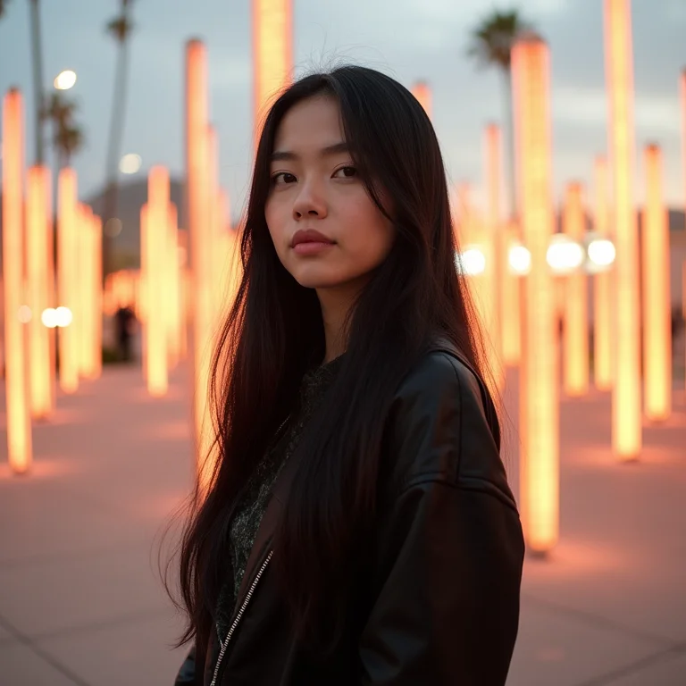 Asiática-brasileira posando em frente à instalação Urban Light do LACMA