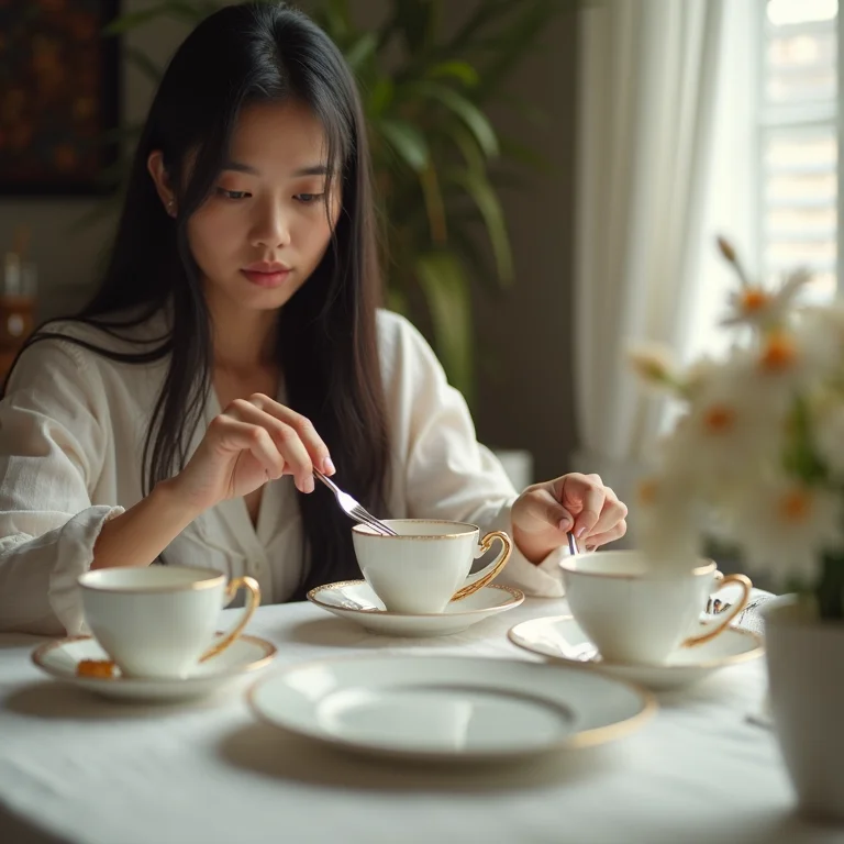 Asiático-brasileira organizando mesa de porcelana.