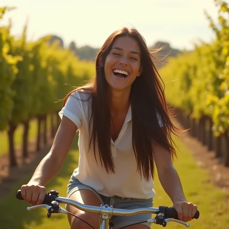Asiático-brasileira pedalando em vinhedo no Vale do Loire