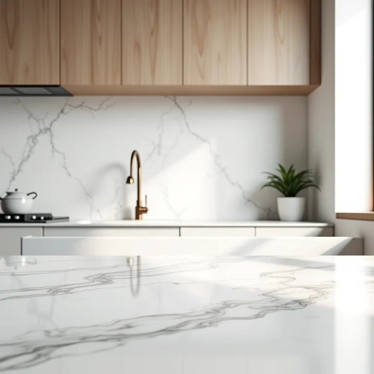 Bancada de mármore e revestimento elegante em cozinha moderna.