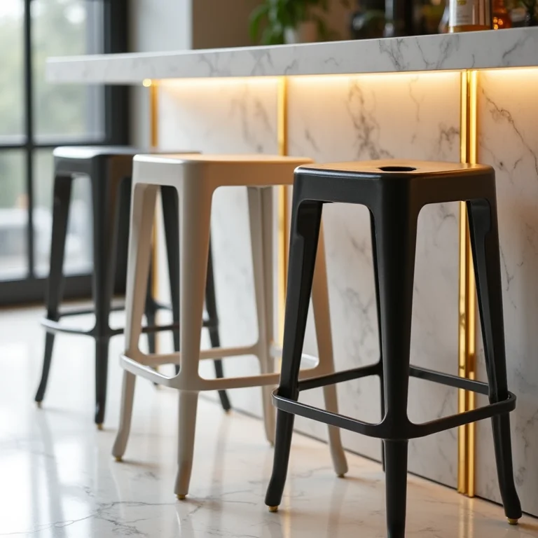 Bancos de plástico baratos ao lado de balcão de mármore