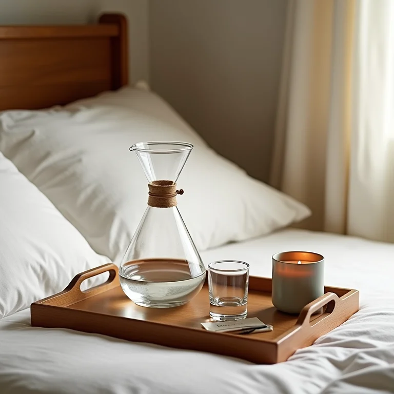 Bandeja com água, livro e vela em quarto de hóspedes