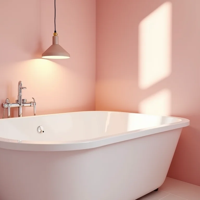 Banheiro com cores claras e iluminação suave