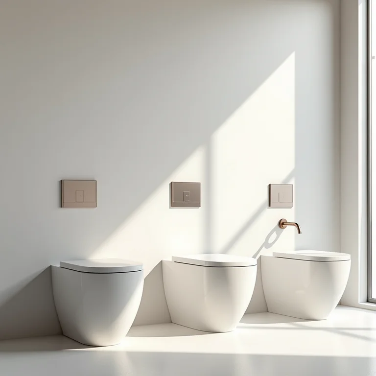 Banheiro minimalista com diferentes estilos de vasos sanitários.