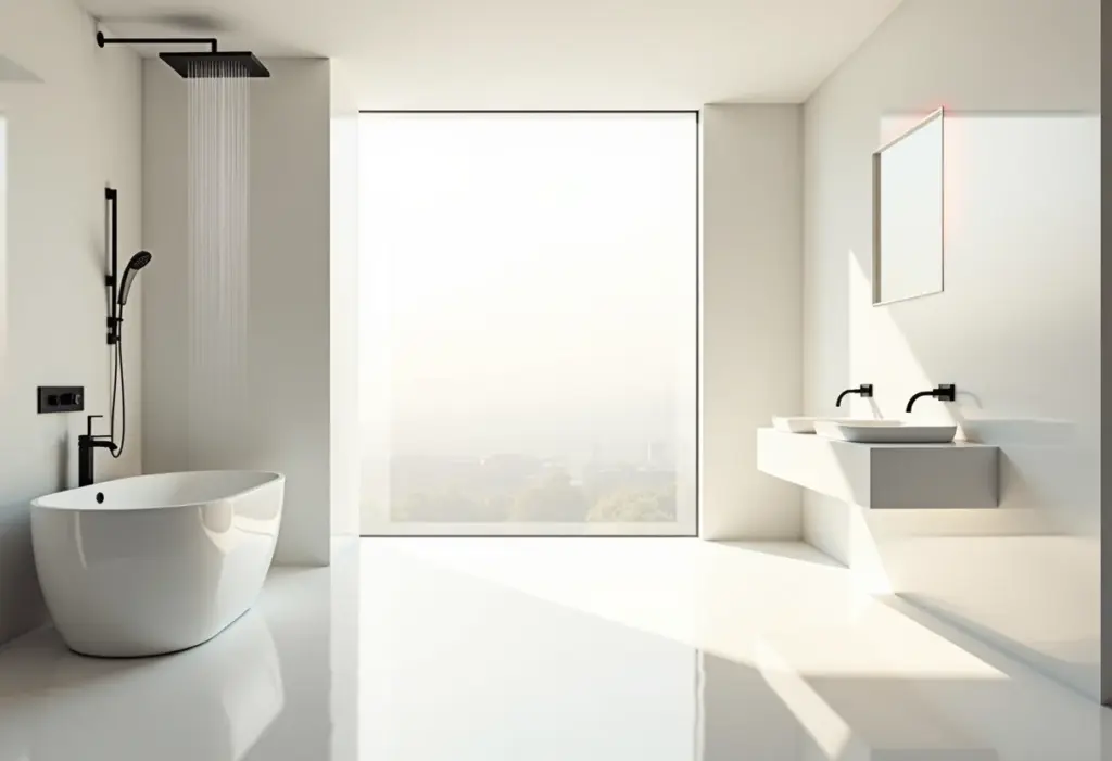 Banheiro moderno com chuveiro grande