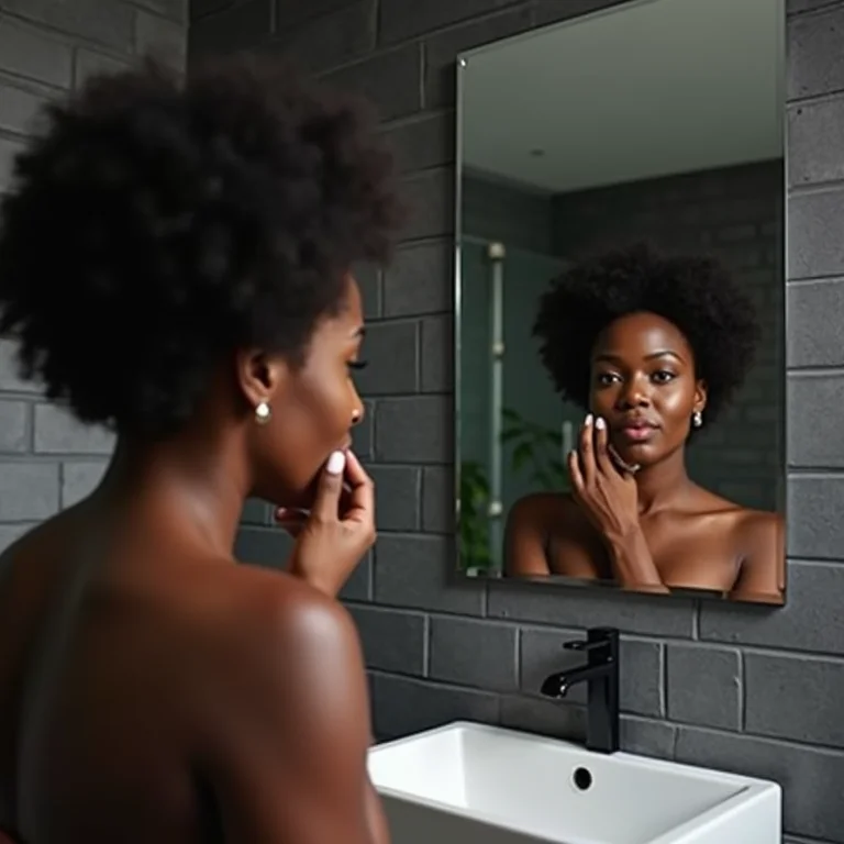 Banheiro moderno com parede de tijolinho escura e mulher negra plus-size.