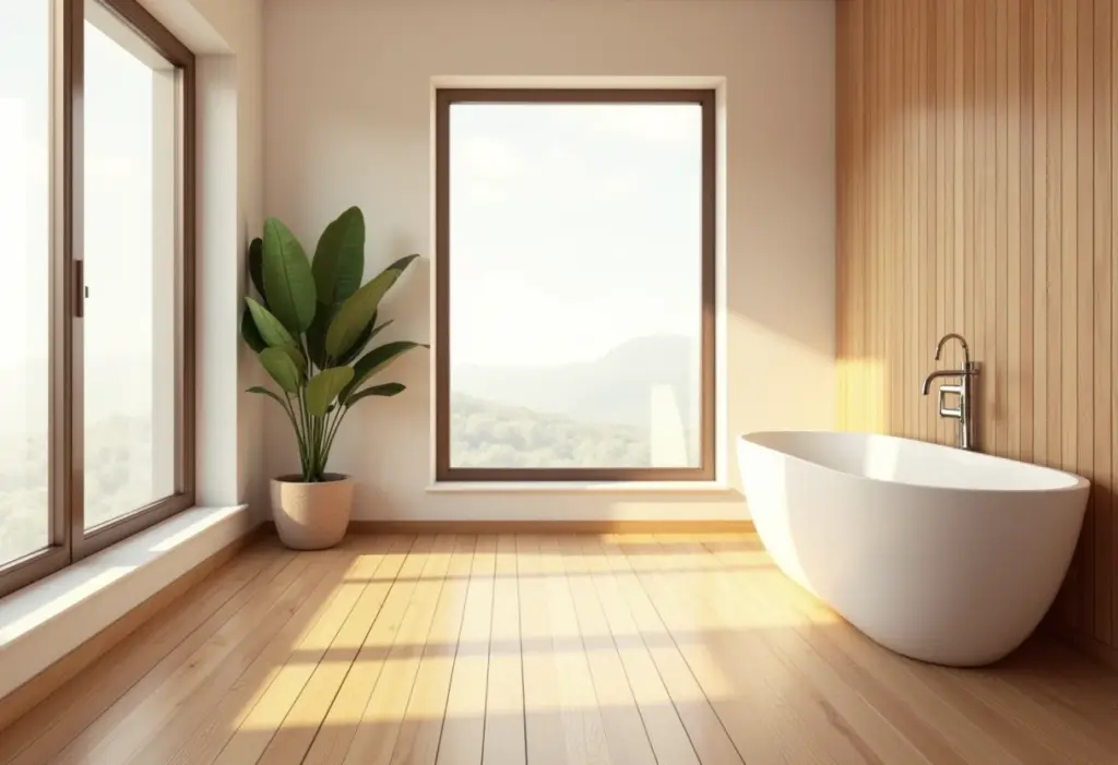 Banheiro com piso de madeira: o guia definitivo para não errar Banheiro moderno com piso de madeira clara e banheira branca