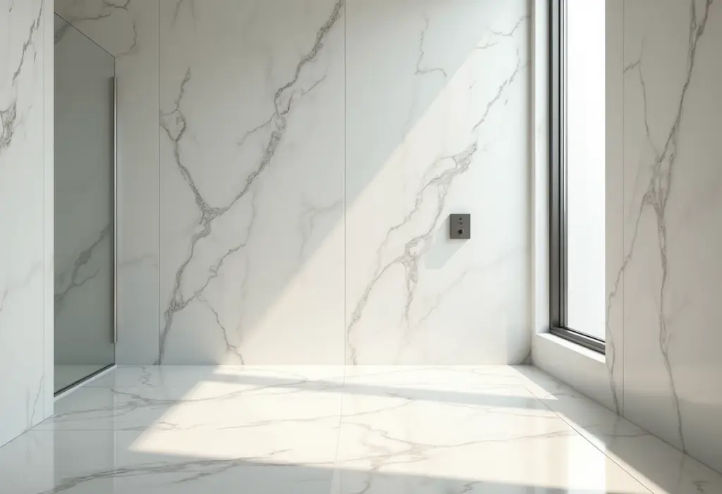 Banheiro moderno com porcelanato marmorizado