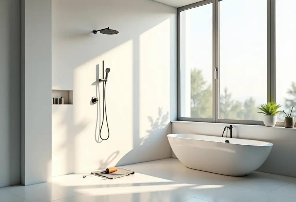 Banheiro moderno com um chuveiro sendo instalado