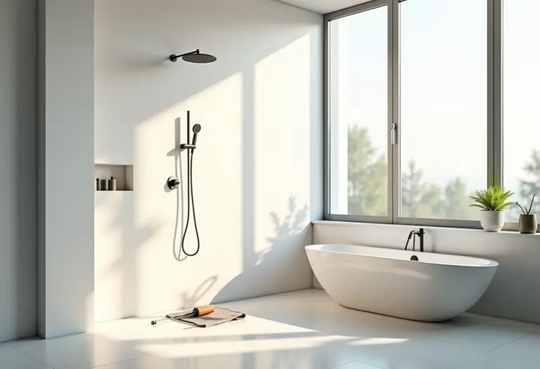 Banheiro moderno com um chuveiro sendo instalado