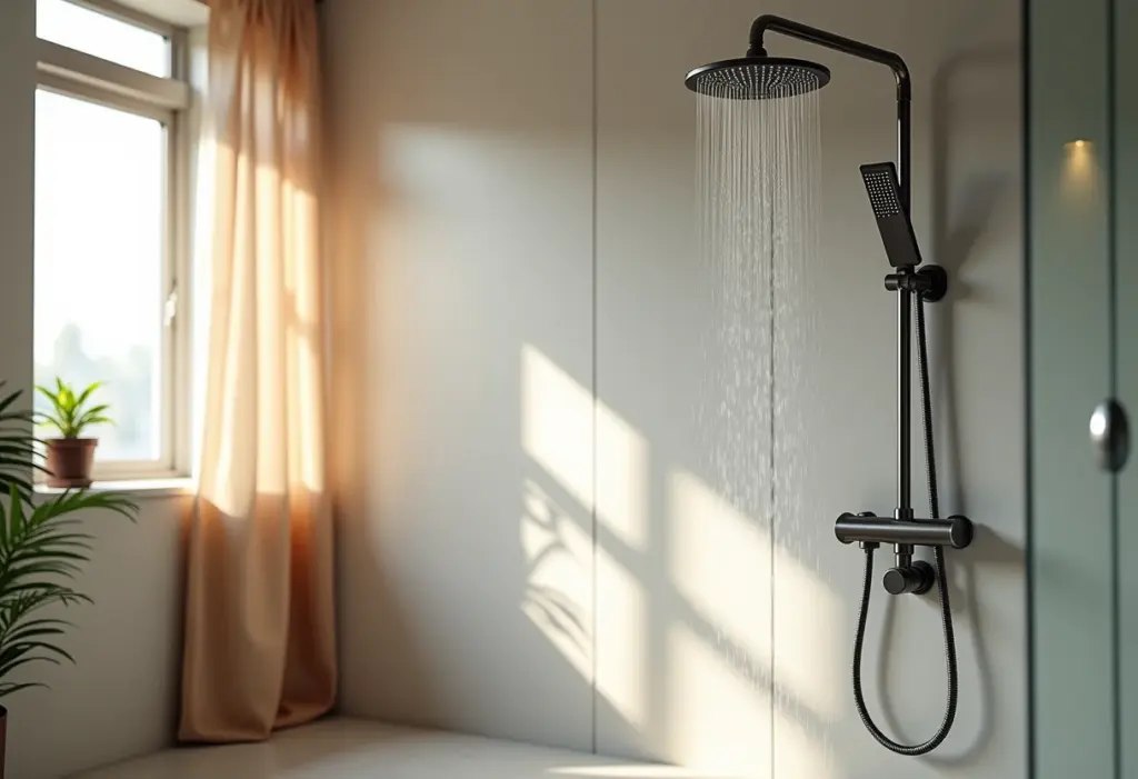 Banheiro moderno com um chuveiro sendo instalado, ferramentas ao redor