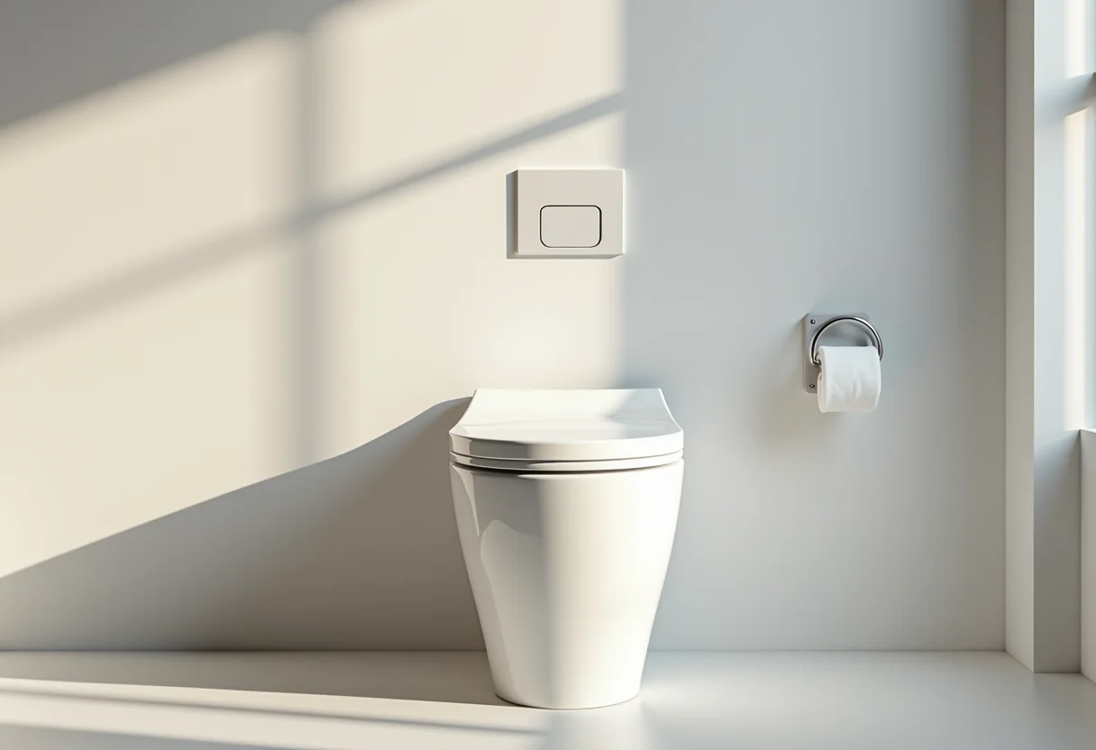 Banheiro moderno com vaso sanitário com caixa acoplada