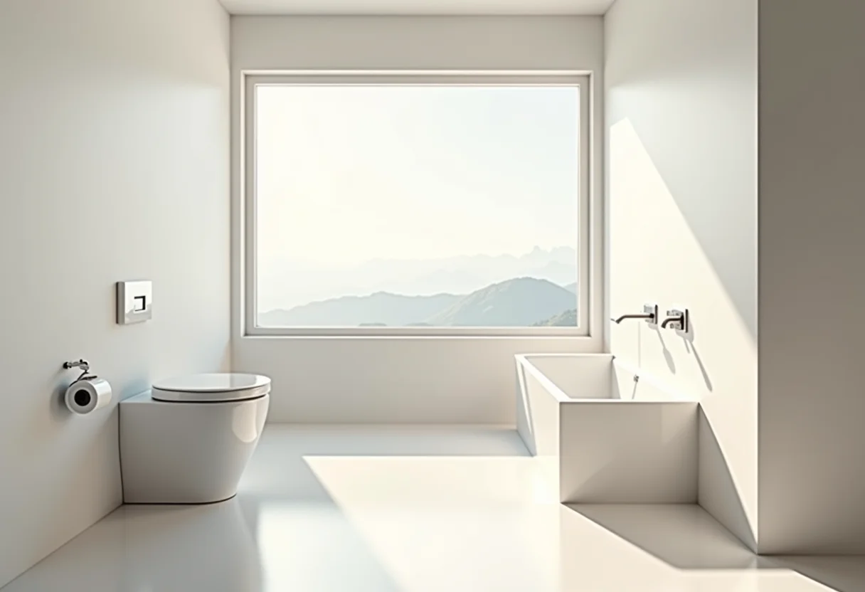 Banheiro moderno com vaso sanitário de design clean e iluminação natural