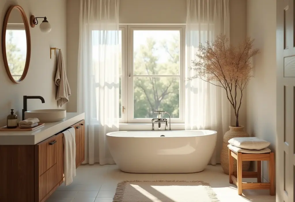 Banheiro pequeno com banheira, decoração minimalista e luz natural