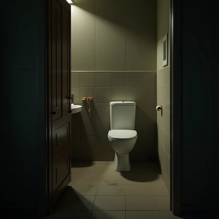 Banheiro pequeno com iluminação deficiente, criando um ambiente sem vida