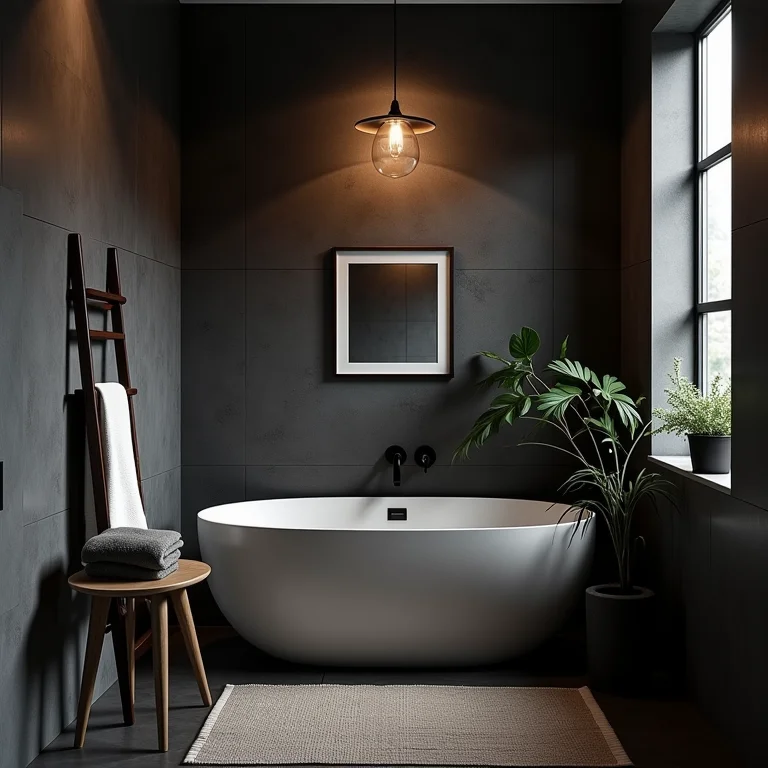 Banheiro pequeno com revestimentos escuros