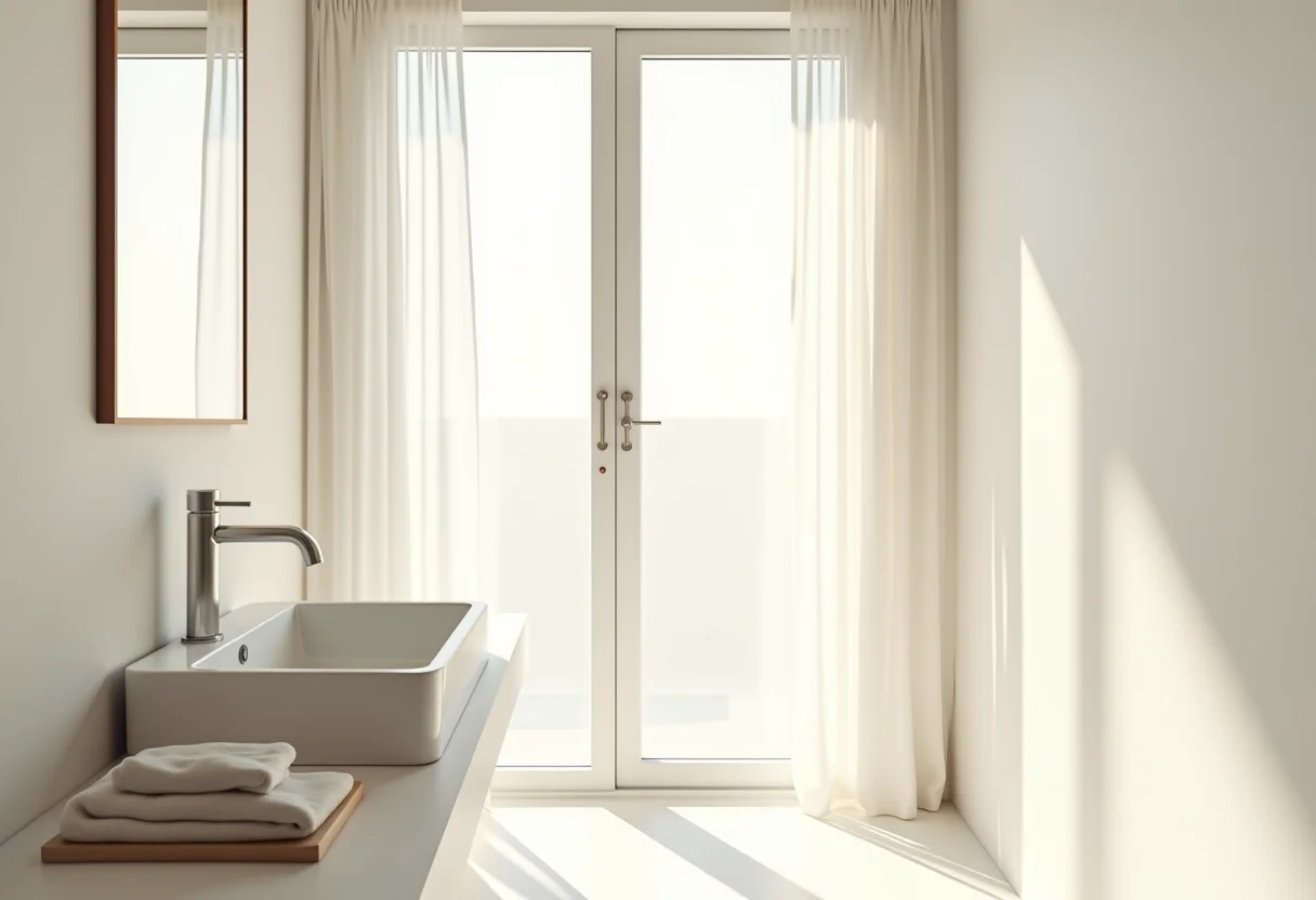 Banheiro pequeno e bem iluminado com decoração minimalista