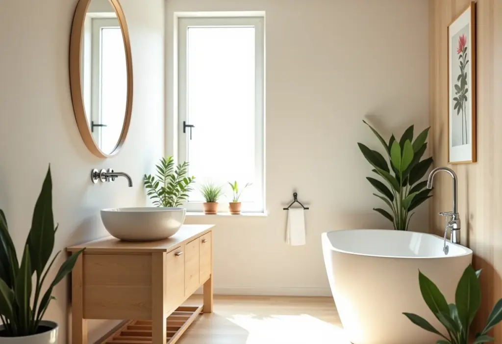 Banheiro pequeno e simples com decoração minimalista e luz natural.