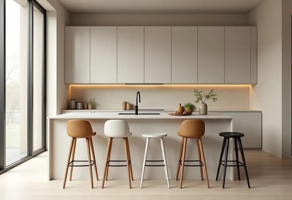 Banquetas para cozinha: o guia definitivo para não errar na escolha Banquetas modernas e estilosas em cozinha bem iluminada