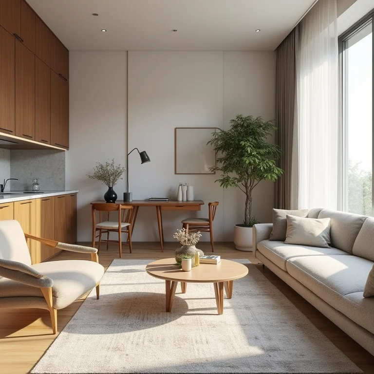 Biombo dividindo sala de estar e escritório.