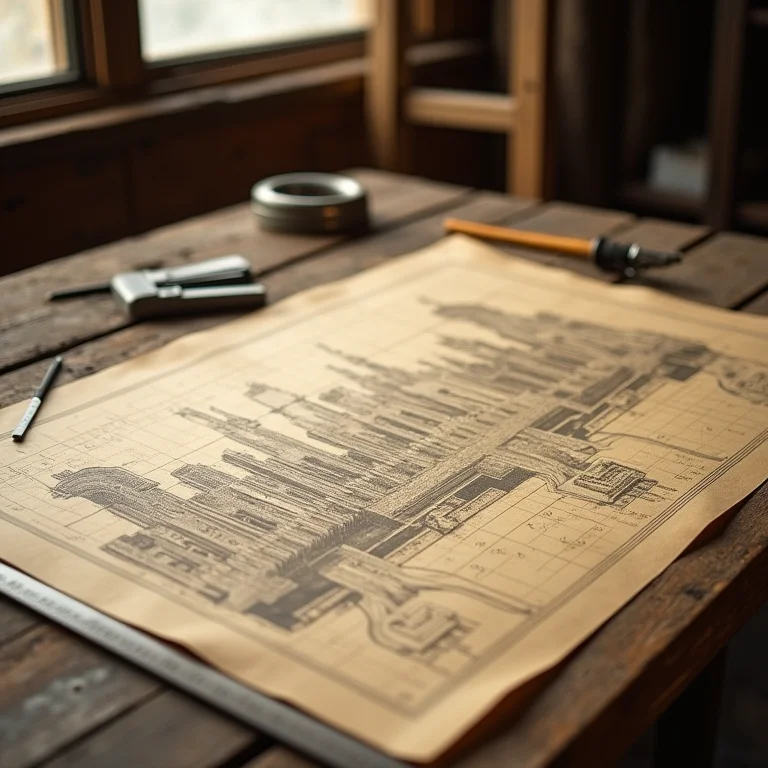 Blueprints e ferramentas da construção do Cristo Redentor