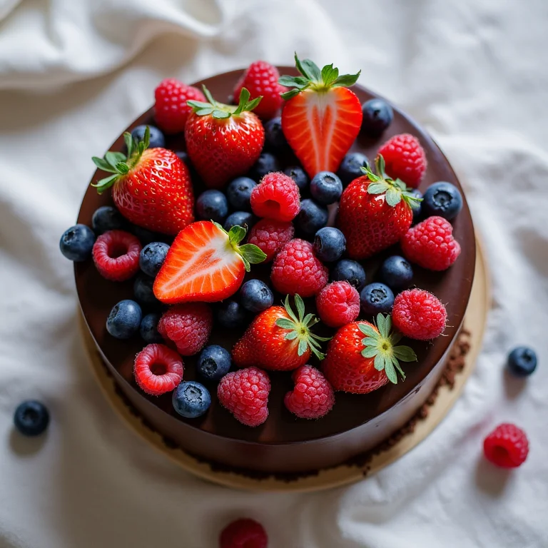 Bolo com cobertura de ganache de chocolate e frutas frescas.
