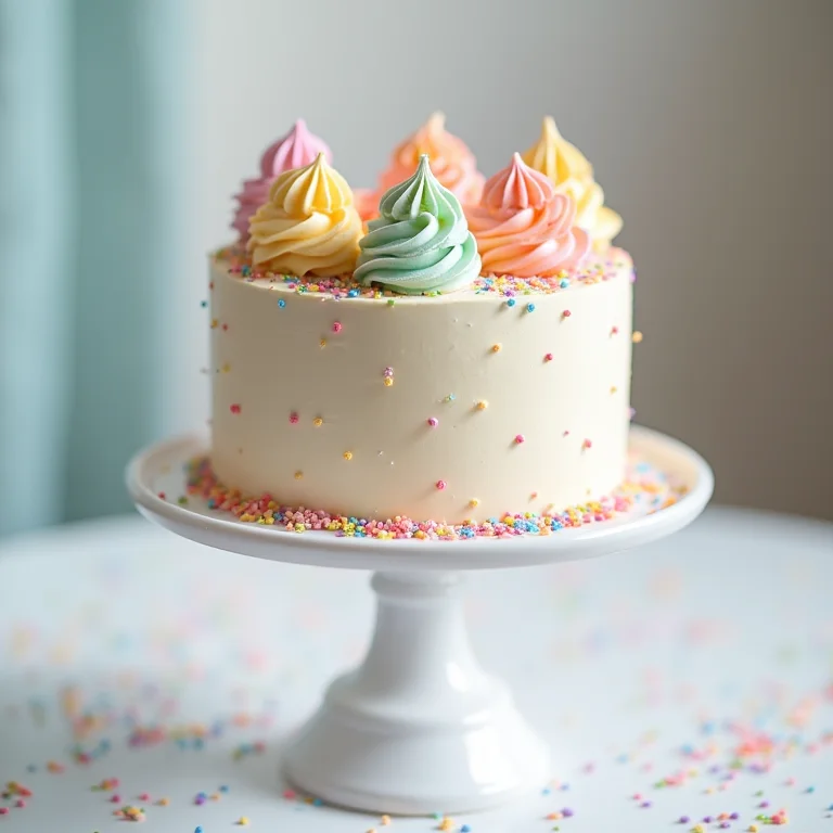 Bolo decorado com chantilly colorido, granulado e confetes.