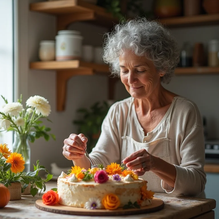 Bolo pelado decorado com flores comestíveis por mulher madura.