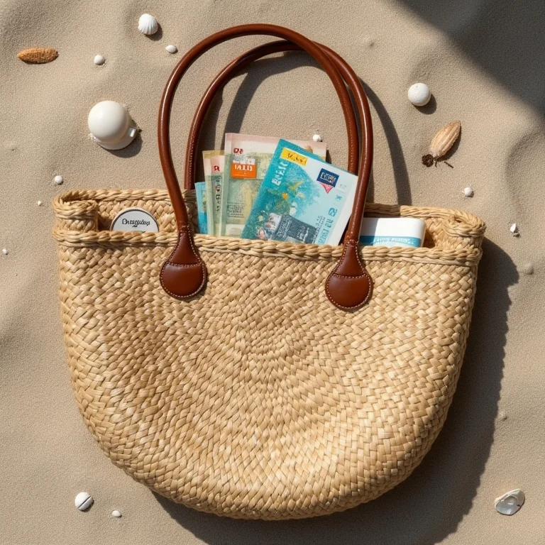 Bolsa de praia com dinheiro em espécie, protetor solar e outros itens.