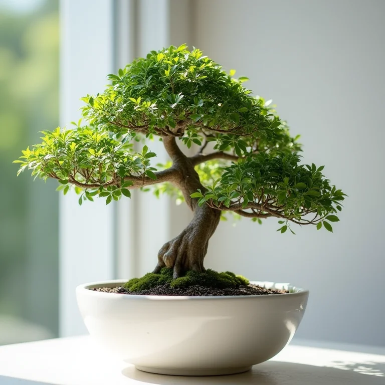 Bonsai artisticamente podado em um vaso minimalista