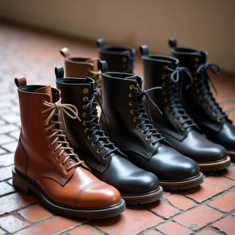 Botas e coturnos de diferentes estilos e cores dispostos em um piso de tijolos