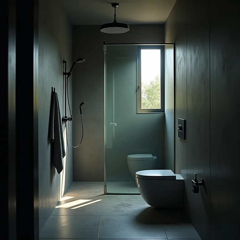 Box escuro bloqueando a luz em um banheiro pequeno