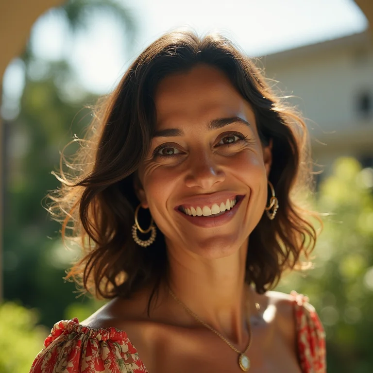 Brasileira sorrindo nos jardins do Getty Center