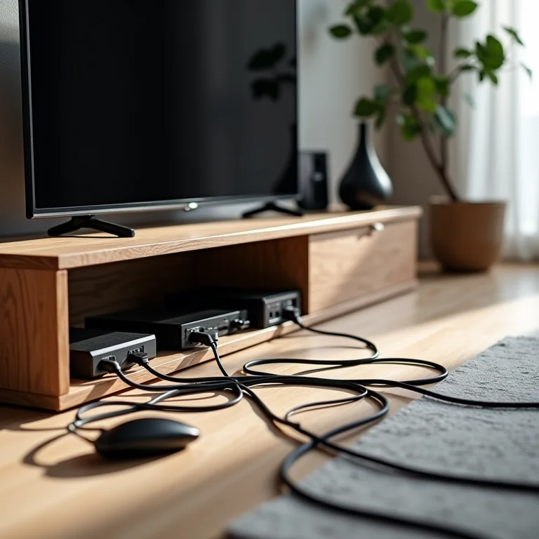 Cabos à mostra em sala de TV.