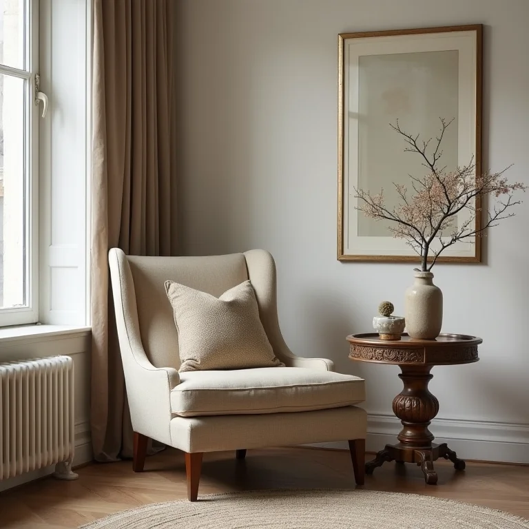 Cadeira moderna e mesa barroca em um ambiente.