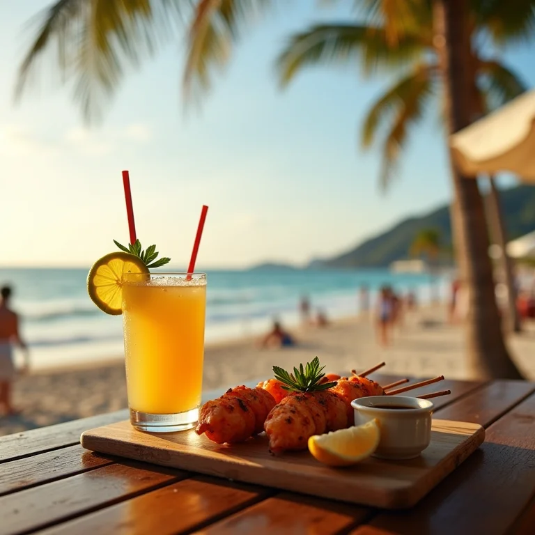 Caipirinha e espetinhos de frutos do mar em um quiosque de Copacabana