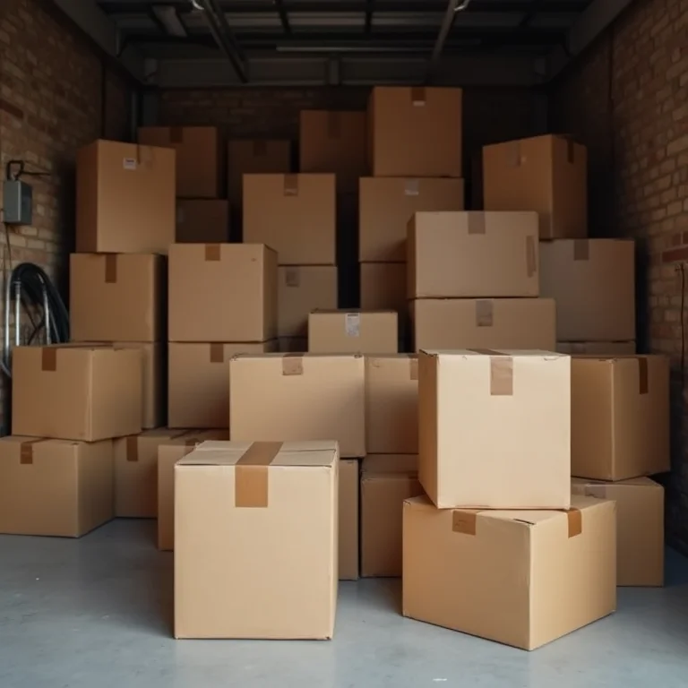Caixas de papelão sem identificação em uma garagem.