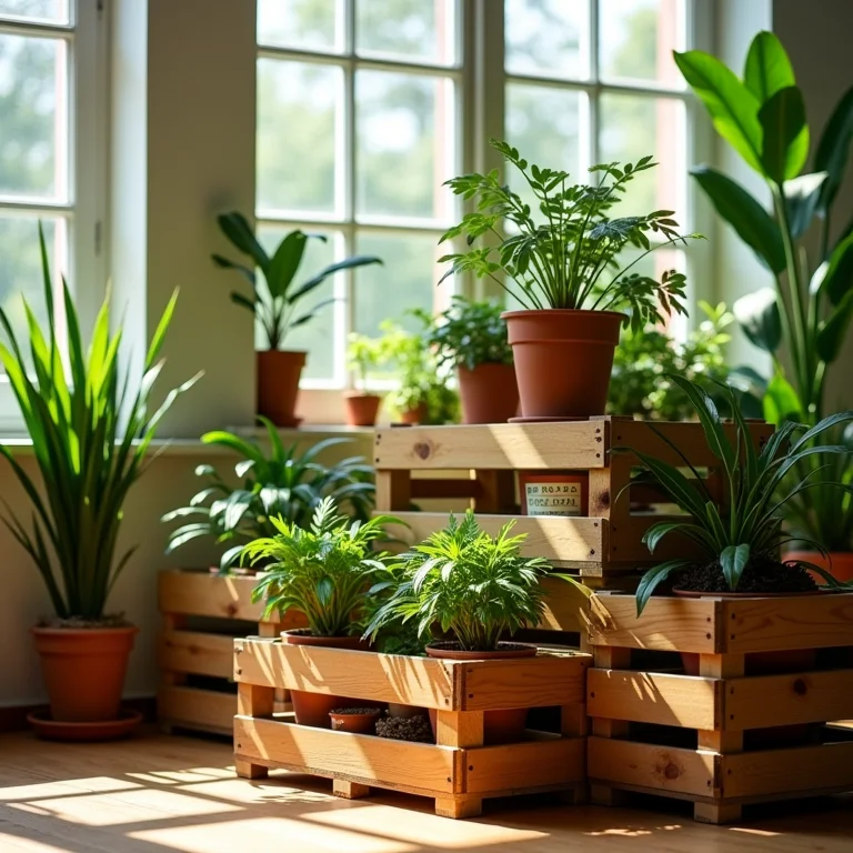 Caixotes de feira com plantas, decoração sustentável