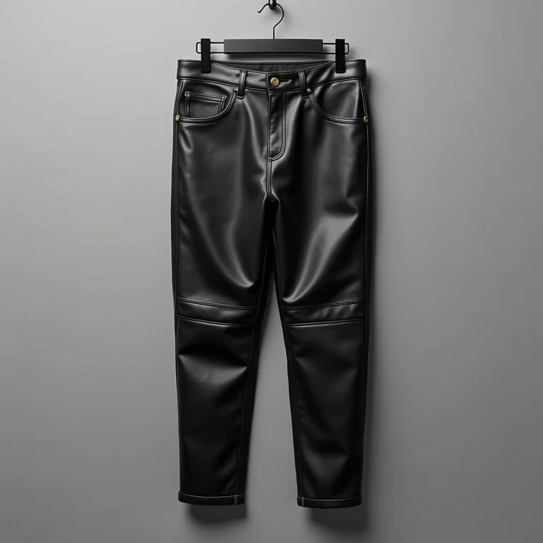 Calças de couro pretas penduradas em um cabide contra um fundo cinza