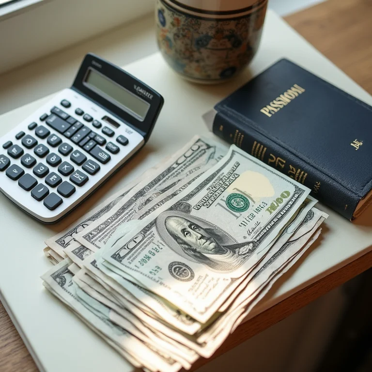 Calculadora, dólares, passaporte e journal de viagem