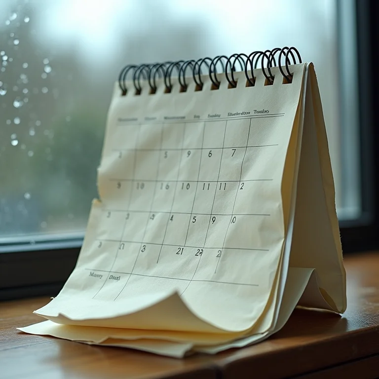 Calendário amassado com marcas de chuva, representando o descuido com o clima ao planejar uma viagem.