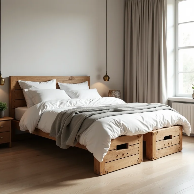 Cama com design industrial feita de caixotes de feira.