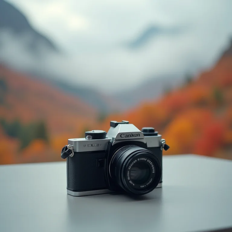 Câmera posicionada na regra dos terços com paisagem desfocada ao fundo
