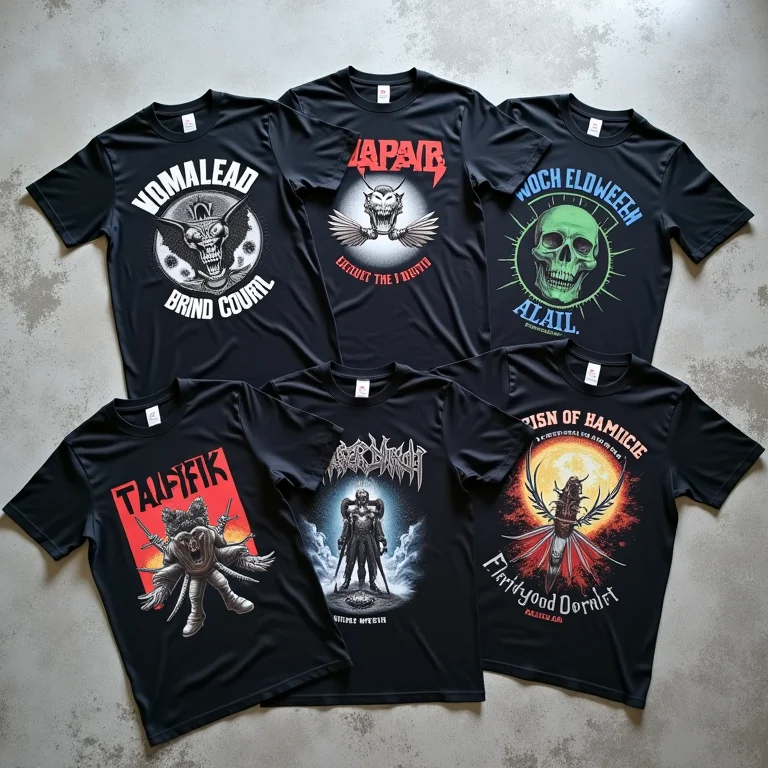 Camisetas de bandas de rock dispostas em um fundo de concreto