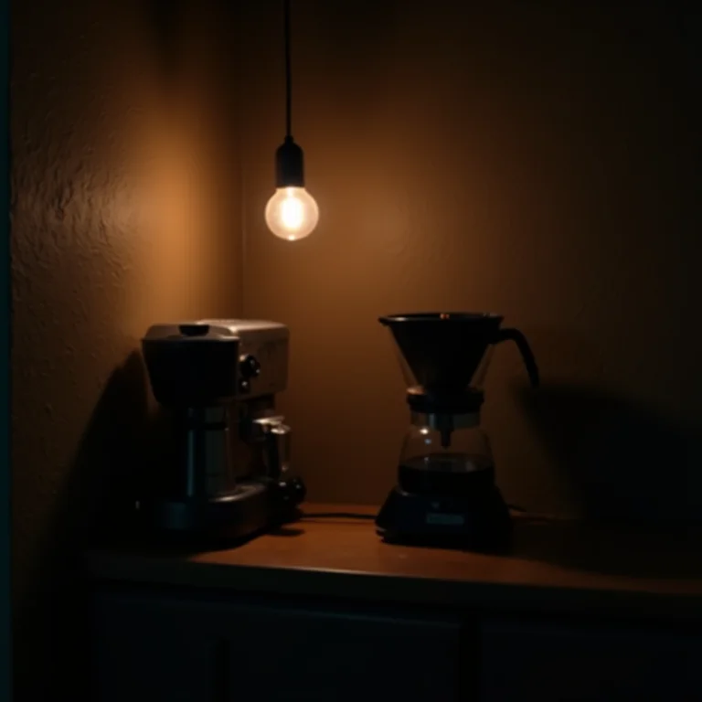Cantinho do café com iluminação inadequada e sombras.