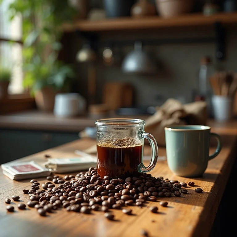 Cantinho do café desorganizado com grãos espalhados.