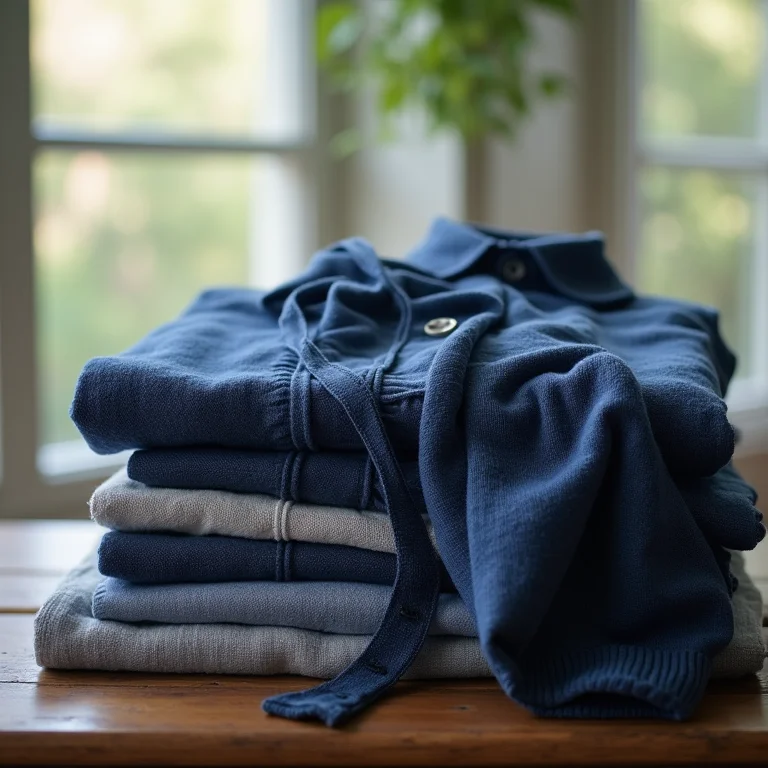 Cardigã azul marinho sobre camisas de linho